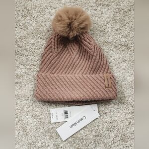 NWT Calvin Klein Winter Knit $58 Hat Faux Fur Brown Beige